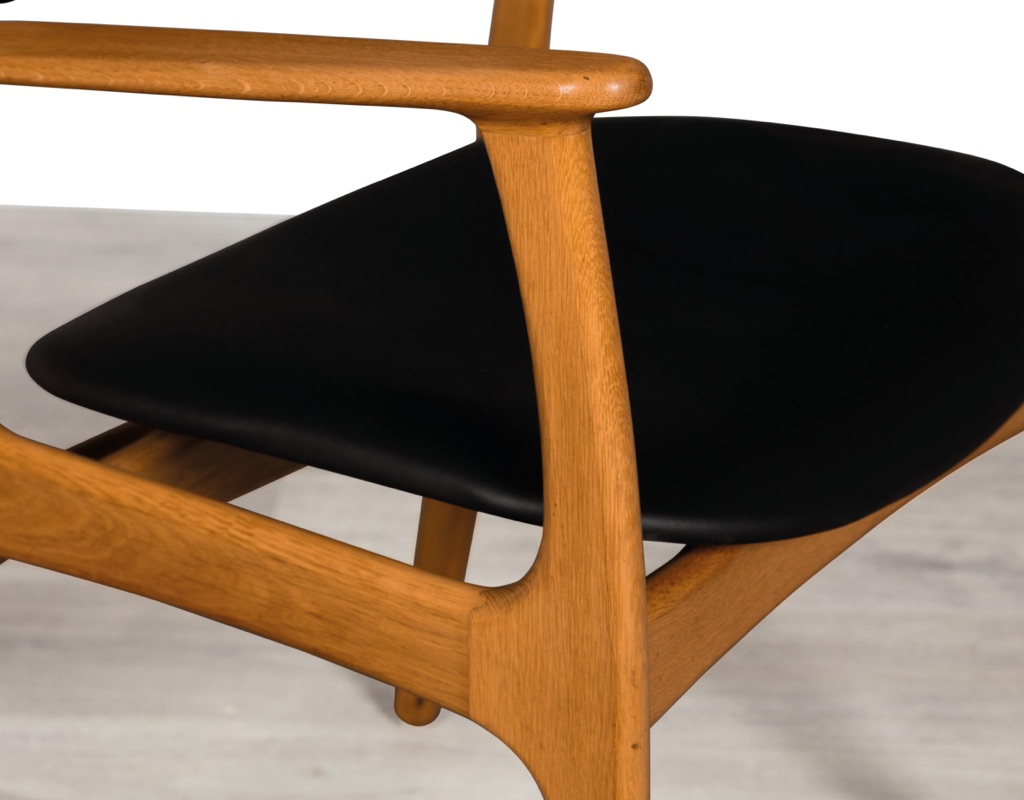 Mid century modern Erik Buch Model 49 dining chairs Danish vintage 1960 seating O.D. Mobler Oddense Mobelfabrik European oak leather set of eight carver armchairs joinery
