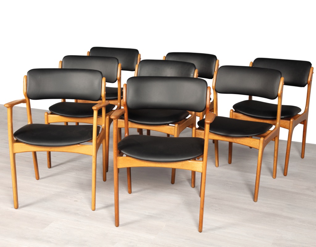 Mid century modern Erik Buch Model 49 dining chairs Danish vintage 1960 seating O.D. Mobler Oddense Mobelfabrik European oak leather set of eight carver armchairs black