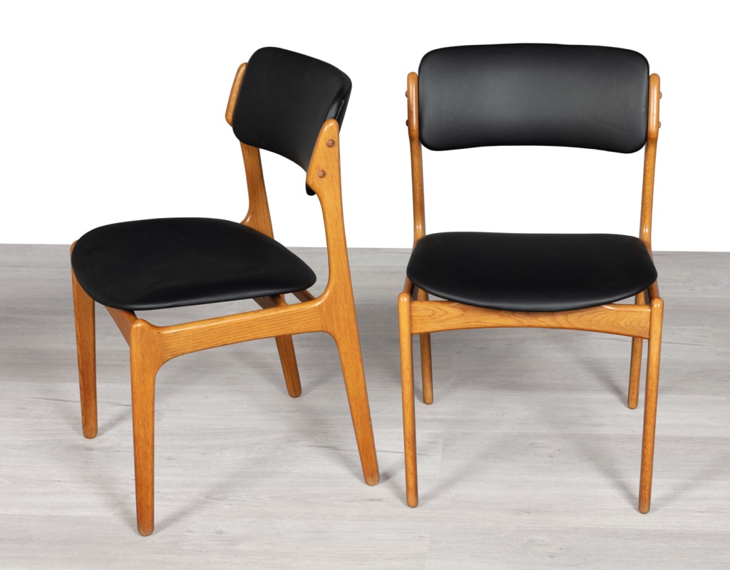 Mid century modern Erik Buch Model 49 dining chairs Danish vintage 1960 seating O.D. Mobler Oddense Mobelfabrik European oak leather set of eight carver armchairs original