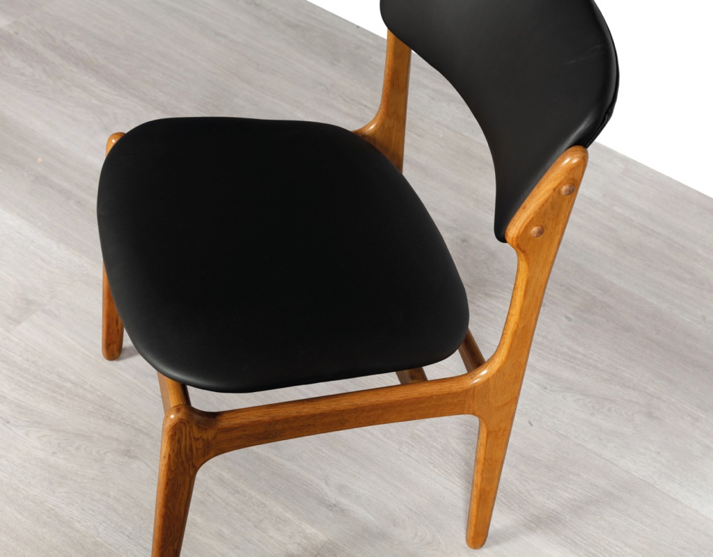 Mid century modern Erik Buch Model 49 dining chairs Danish vintage 1960 seating O.D. Mobler Oddense Mobelfabrik European oak leather set of eight carver armchairs top