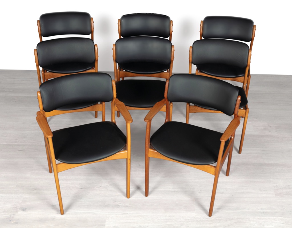 Mid century modern Erik Buch Model 49 dining chairs Danish vintage 1960 seating O.D. Mobler Oddense Mobelfabrik European oak leather set of eight carver armchairs Melbourne Australia