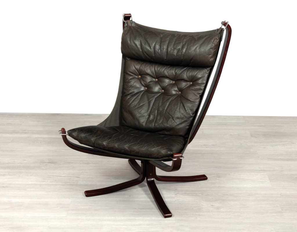 Mid century modern Falcon Chair Sigurd Ressell Vatne Mobler Norwegian 1970s original imported black leather patina Norway armchair vintage Scandinavian seating front buttons patina