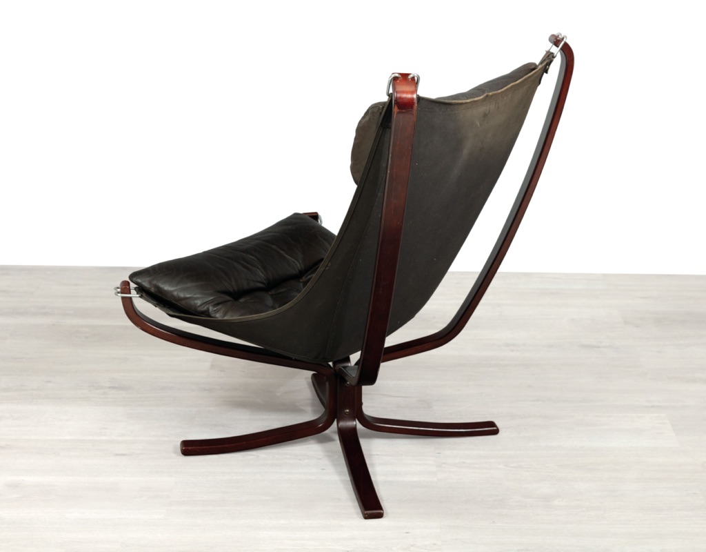 Mid century modern Falcon Chair Sigurd Ressell Vatne Mobler Norwegian 1970s original imported black leather patina Norway armchair vintage Scandinavian seating canvas back