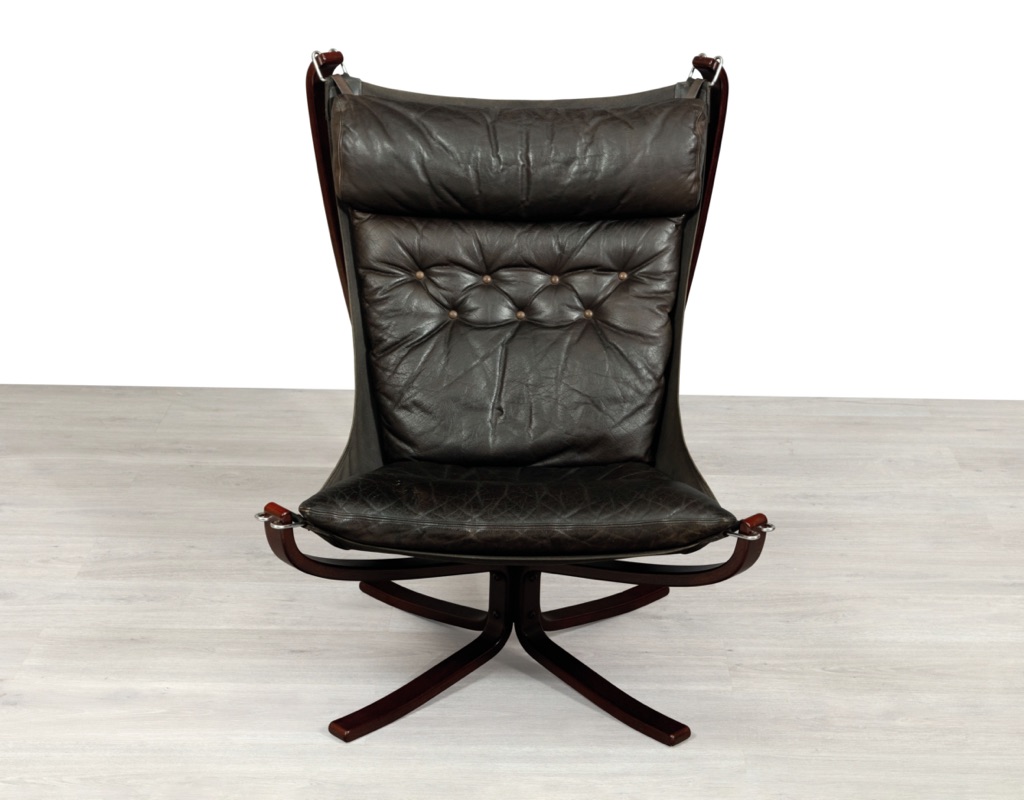 Mid century modern Falcon Chair Sigurd Ressell Vatne Mobler Norwegian 1970s original imported black leather patina Norway armchair vintage Scandinavian seating highback