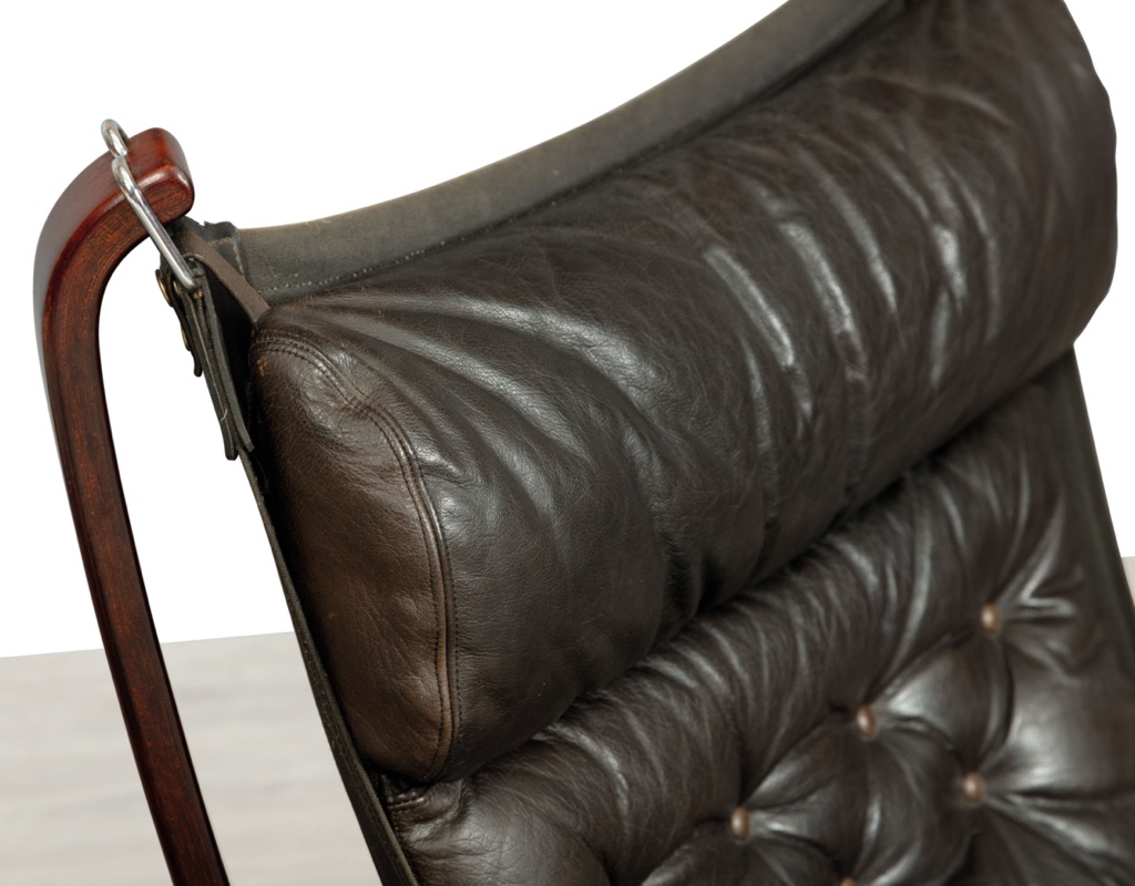 Mid century modern Falcon Chair Sigurd Ressell Vatne Mobler Norwegian 1970s original imported black leather patina Norway armchair vintage Scandinavian seating leather patina