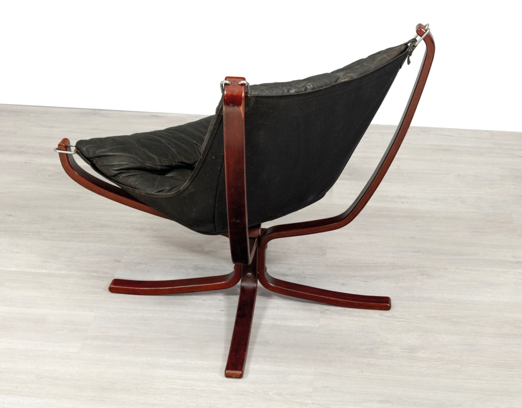 Mid century modern Falcon Chair Sigurd Ressell Vatne Mobler Norwegian 1970s original imported black leather patina Norway armchair vintage Scandinavian seating sling back