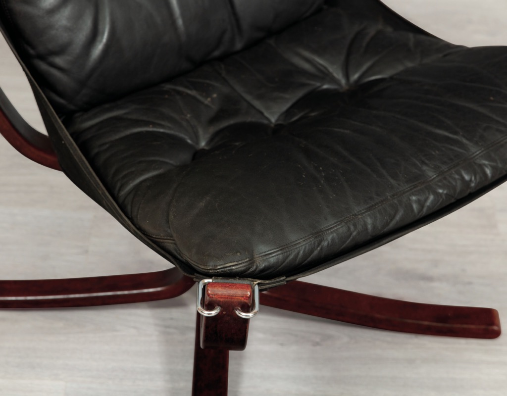 Mid century modern Falcon Chair Sigurd Ressell Vatne Mobler Norwegian 1970s original imported black leather patina Norway armchair vintage Scandinavian seating close