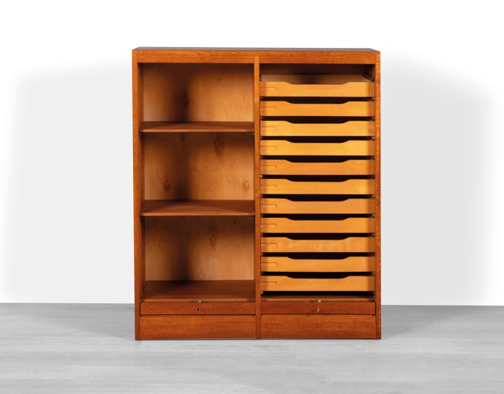 Mid century modern Danish vintage tambour door filing cabinet in teak drawers and tambor