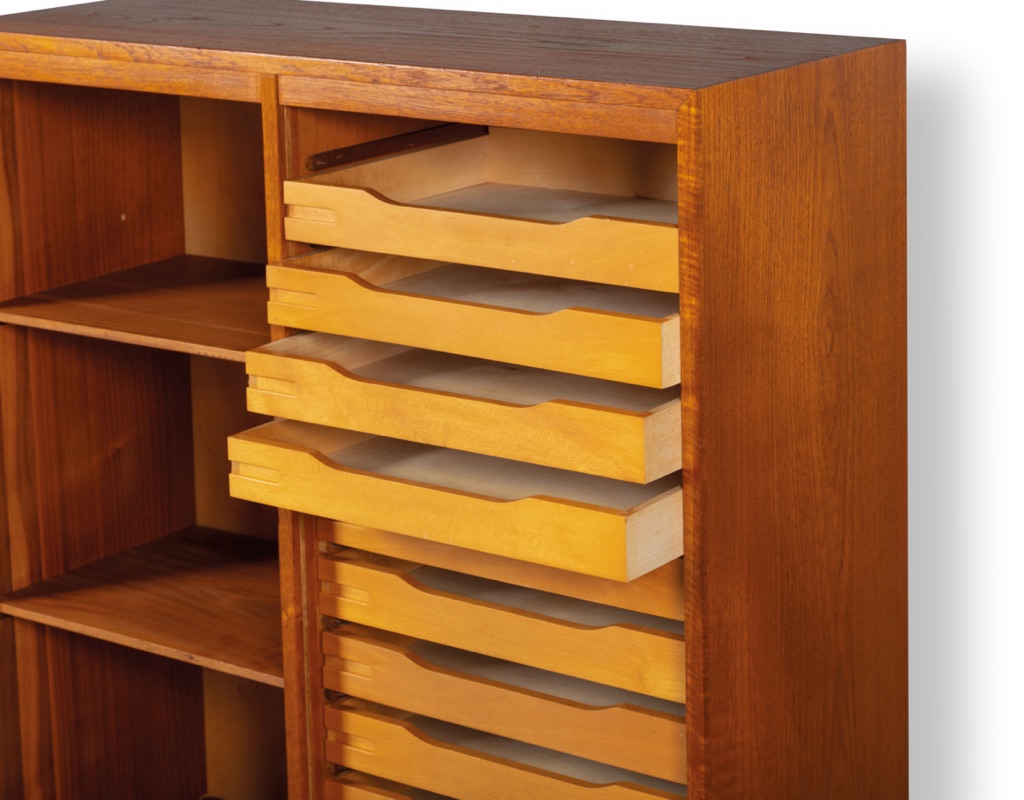 Mid century modern Danish vintage tambour door filing cabinet in teak office furniture