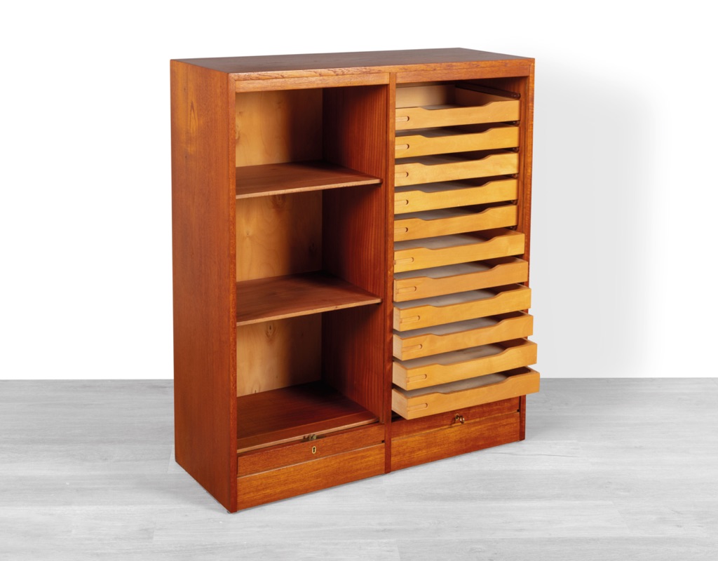 Mid century modern Danish vintage tambour door filing cabinet in teak pull out trays