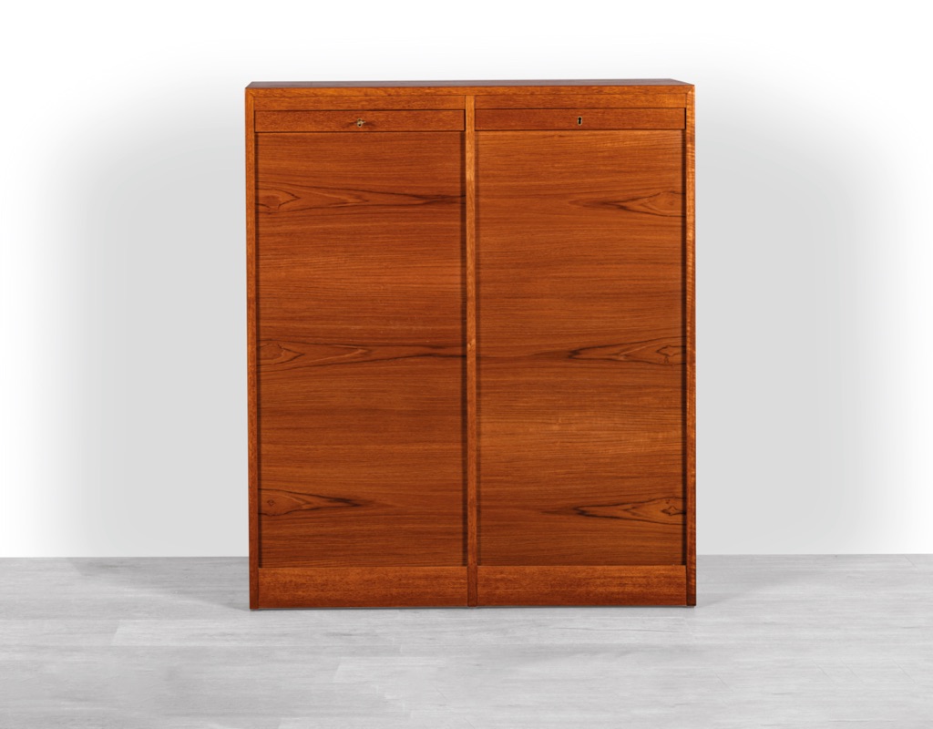 Mid century modern Danish vintage tambour door filing cabinet in teak