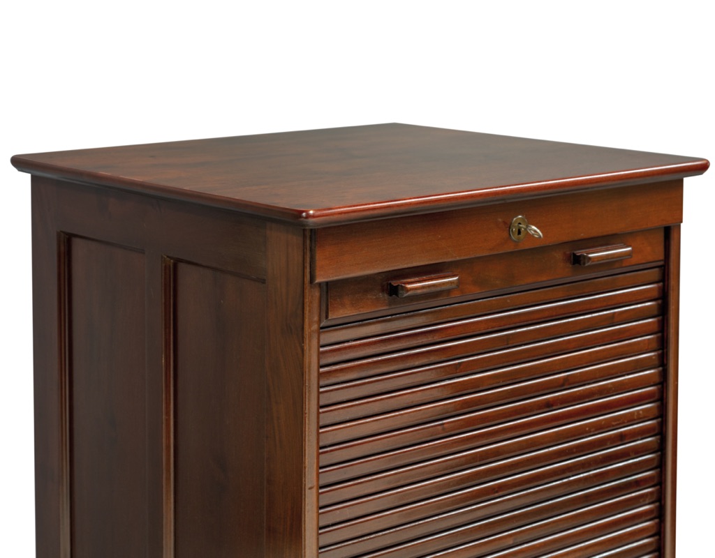 Mid century modern Danish filing cabinet tambour doors English American walnut 1960 office cabinet vintage Scandinavian furniture top