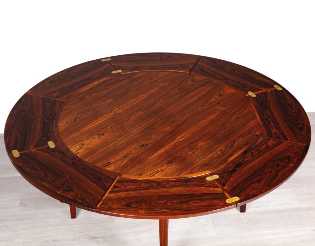Mid century modern Dyrlund Flip Flap Lotus Round Extension Dining Table Brazilian Rosewood Brass Hinges Danish Vintage 1960s Original highly figured wood