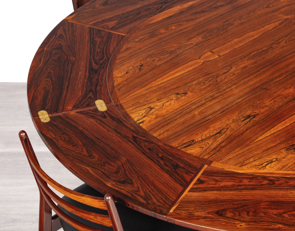 Mid century modern Dyrlund Flip Flap Lotus Round Extension Dining Table Brazilian Rosewood Brass Hinges Danish Vintage 1960s Original details
