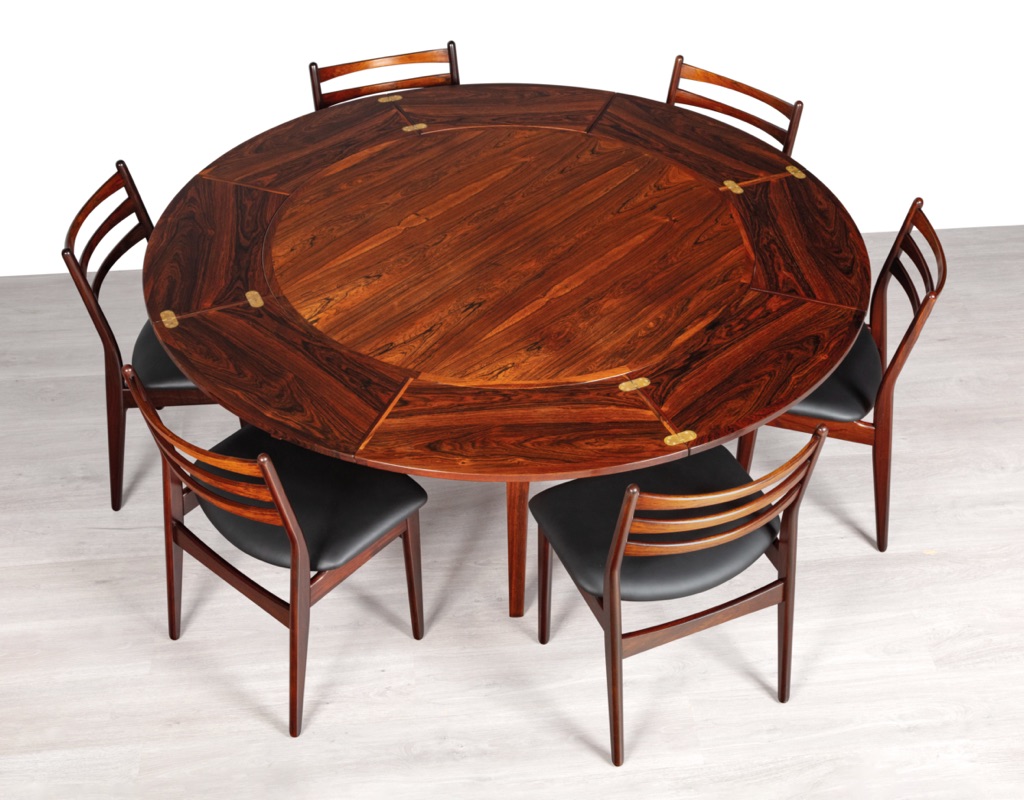 Mid century modern Dyrlund Flip Flap Lotus Round Extension Dining Table Brazilian Rosewood Brass Hinges Danish Vintage 1960s Original top view with chairs