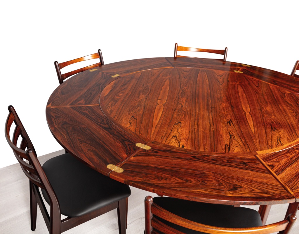 Mid century modern Dyrlund Flip Flap Lotus Round Extension Dining Table Brazilian Rosewood Brass Hinges Danish Vintage 1960s Original angled view