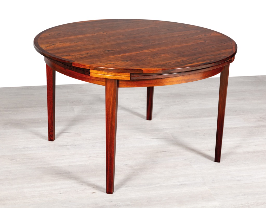 Mid century modern Dyrlund Flip Flap Lotus Round Extension Dining Table Brazilian Rosewood Brass Hinges Danish Vintage 1960s Original front