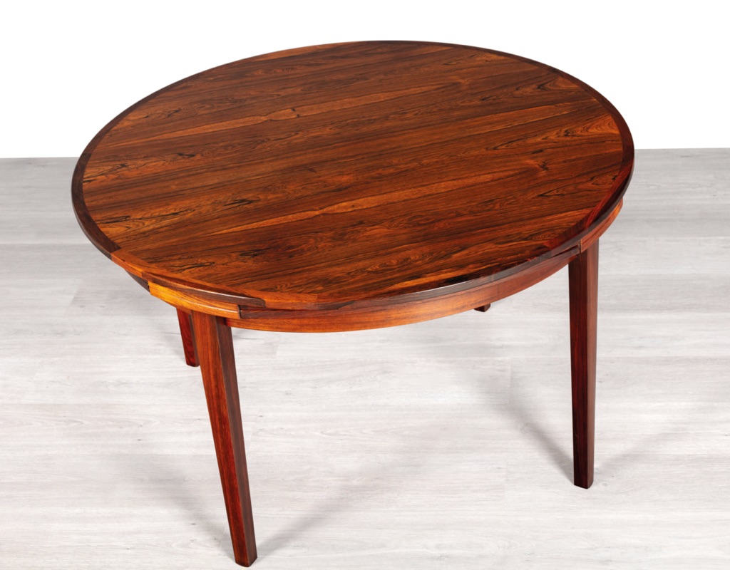 Mid century modern Dyrlund Flip Flap Lotus Round Extension Dining Table Brazilian Rosewood Brass Hinges Danish Vintage 1960s Original top