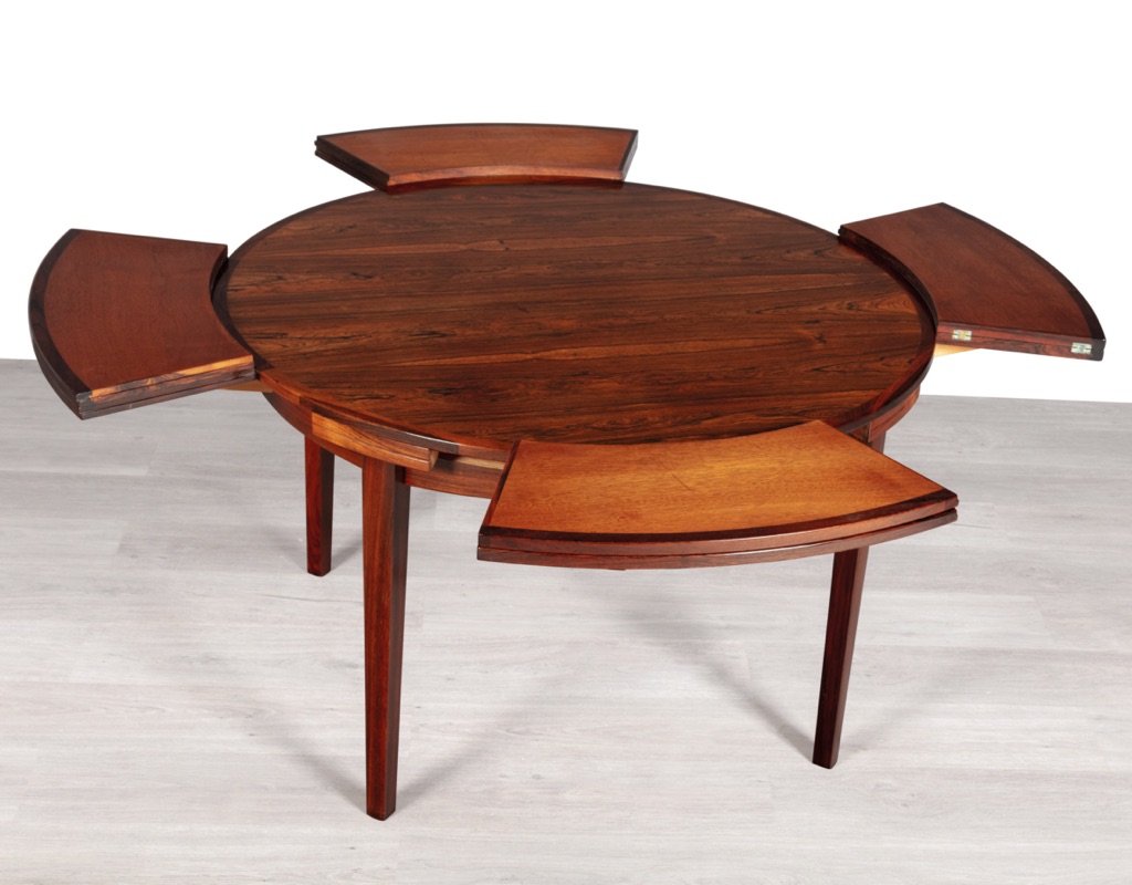 Mid century modern Dyrlund Flip Flap Lotus Round Extension Dining Table Brazilian Rosewood Brass Hinges Danish Vintage 1960s Original stages of closing it