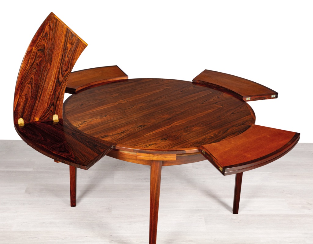 Mid century modern Dyrlund Flip Flap Lotus Round Extension Dining Table Brazilian Rosewood Brass Hinges Danish Vintage 1960s Original lift up leaf