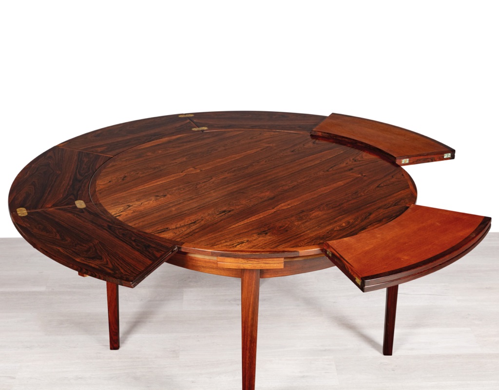 Mid century modern Dyrlund Flip Flap Lotus Round Extension Dining Table Brazilian Rosewood Brass Hinges Danish Vintage 1960s Original half closed