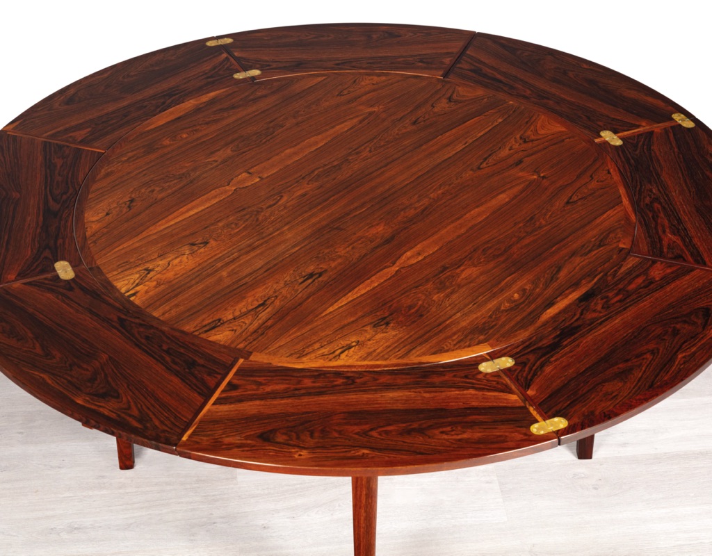 Mid century modern Dyrlund Flip Flap Lotus Round Extension Dining Table Brazilian Rosewood Brass Hinges Danish Vintage 1960s Original detail veneer
