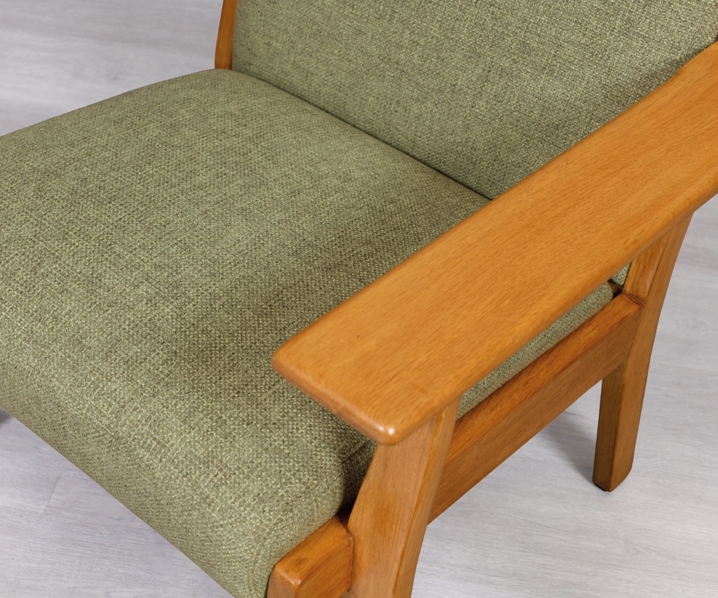 Mid Century Modern Danish 1960s Hans J. Wegner Plank Armchair European Oak Model GE 181 original imported seating Getama Denmark vintage furniture
