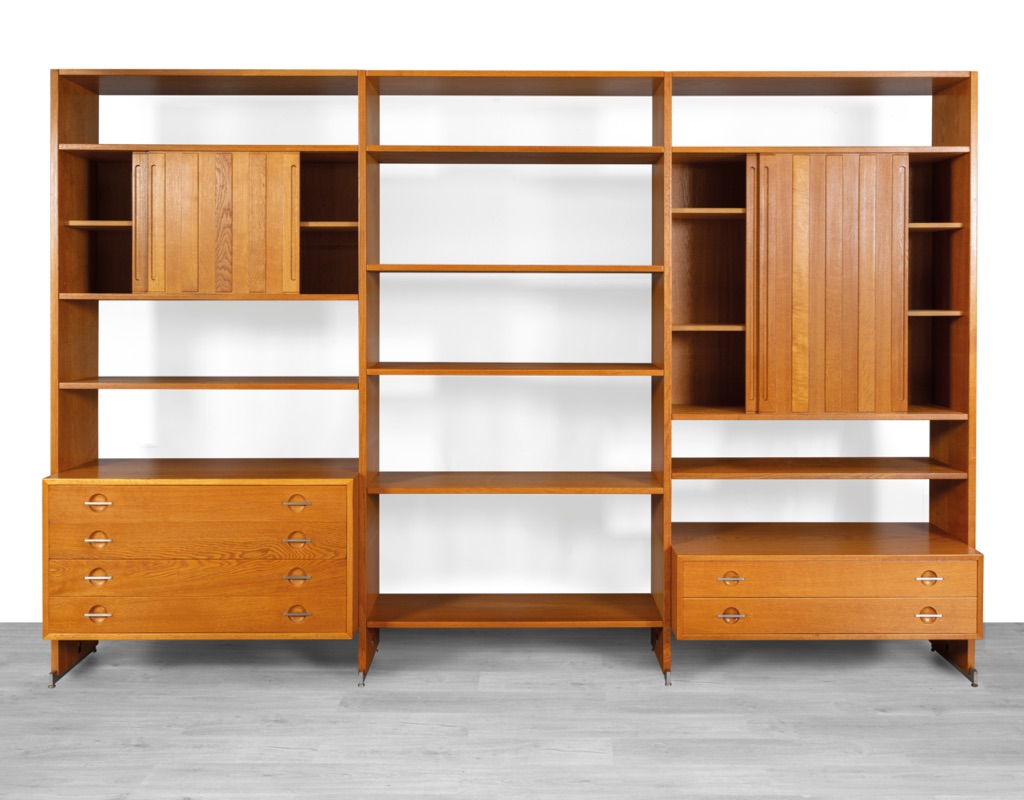 Mid century modern Hans J. Wegner RY100 RY Mobler shelving system Danish unit vintage 1960 European oak modular bookshelf room divider Scandinavian sliding door cupboard levelling feet original iconic large bookkshelf
