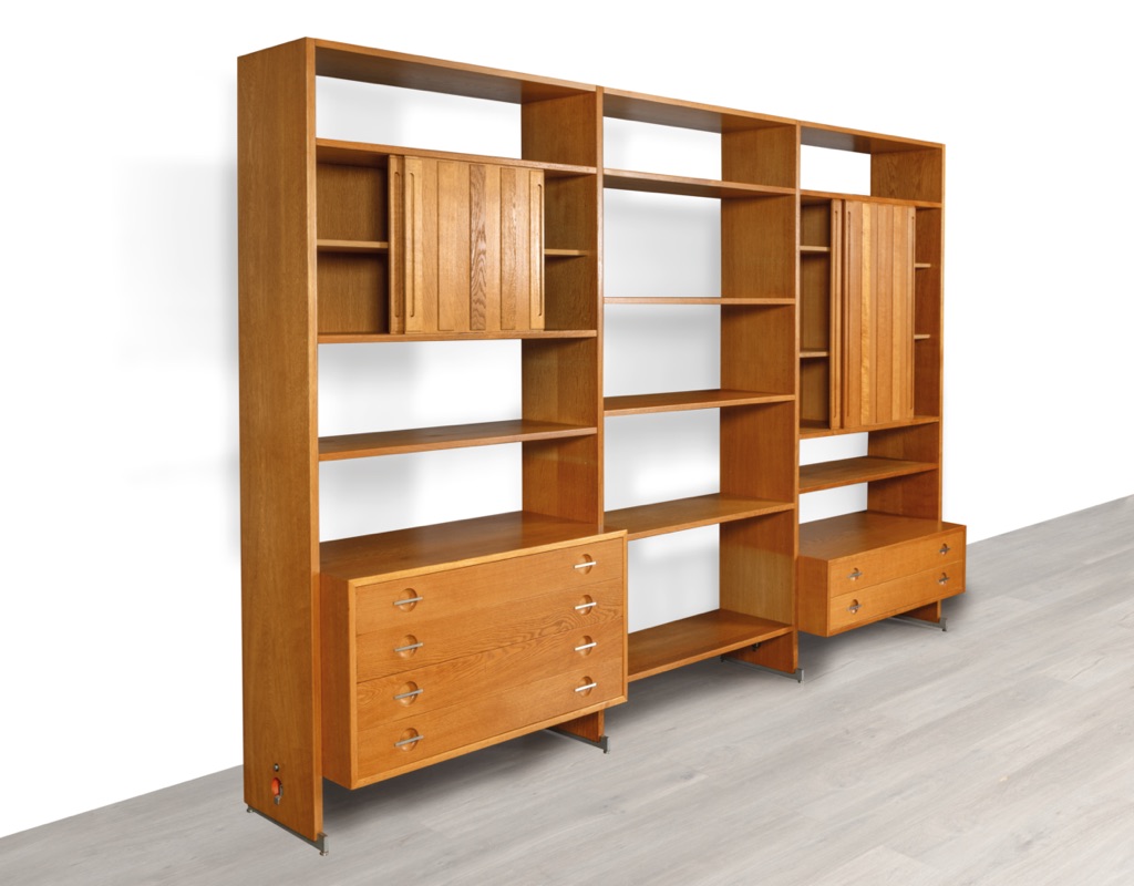Mid century modern Hans J. Wegner RY100 RY Mobler shelving system Danish unit vintage 1960 European oak modular bookshelf room divider Scandinavian sliding door cupboard levelling feet original iconic profile drawers