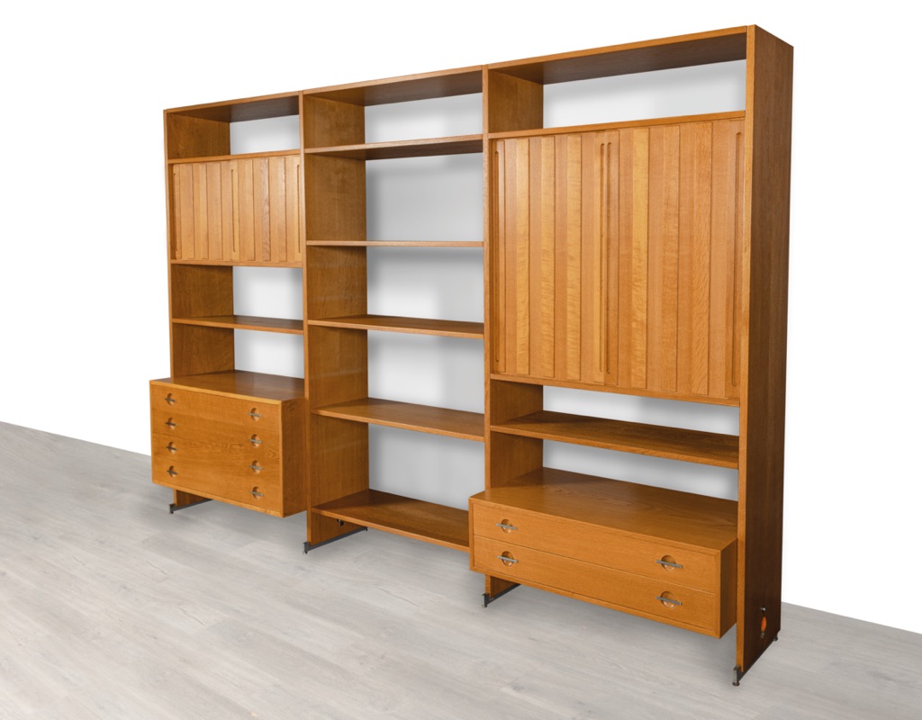 Mid century modern Hans J. Wegner RY100 RY Mobler shelving system Danish unit vintage 1960 European oak modular bookshelf room divider Scandinavian sliding door cupboard levelling feet original iconic drawers sliding door cupboard