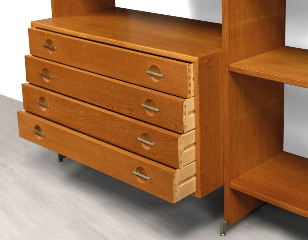 Mid century modern Hans J. Wegner RY100 RY Mobler shelving system Danish unit vintage 1960 European oak modular bookshelf room divider Scandinavian sliding door cupboard levelling feet original iconic close up of drawers dovetail joins