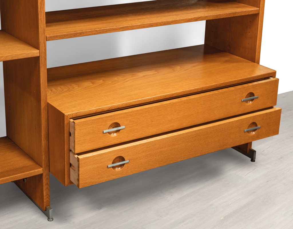 Mid century modern Hans J. Wegner RY100 RY Mobler shelving system Danish unit vintage 1960 European oak modular bookshelf room divider Scandinavian sliding door cupboard levelling feet original iconictwo drawer component handles