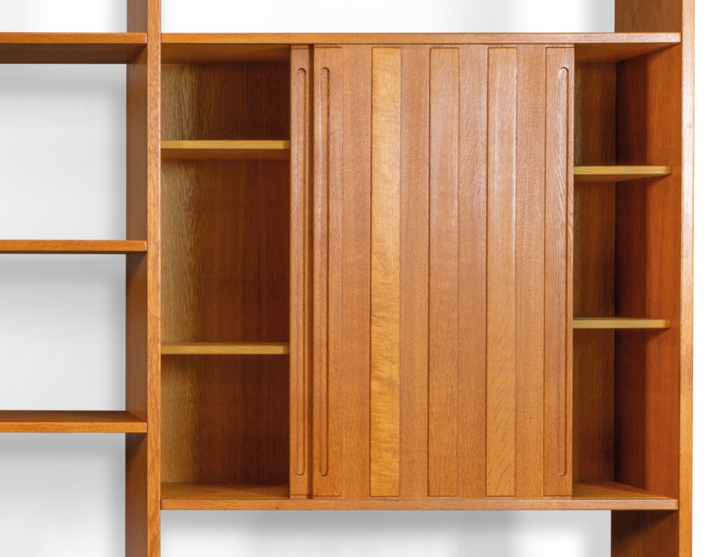 Mid century modern Hans J. Wegner RY100 RY Mobler shelving system Danish unit vintage 1960 European oak modular bookshelf room divider Scandinavian sliding door cupboard levelling feet original iconic large sliding door cupboard