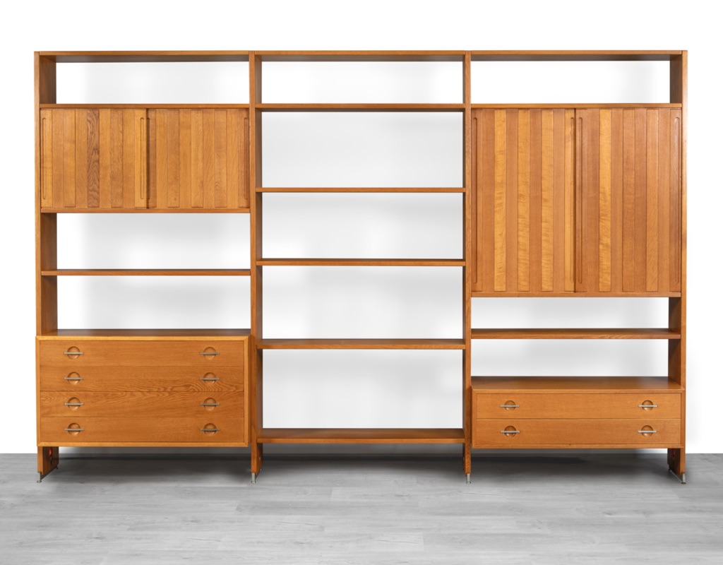 Mid century modern Hans J. Wegner RY100 RY Mobler shelving system Danish unit vintage 1960 European oak modular bookshelf room divider Scandinavian sliding door cupboard levelling feet original iconic drawers signature handles