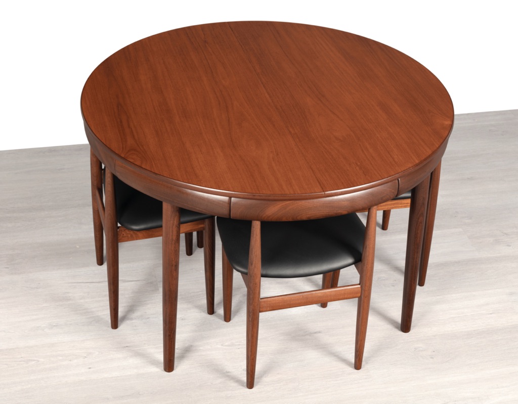 Mid century modern Hans Olsen Roundette Dining Setting Frem Rojle Denmark 1950 teak butterfly extension leaf original imported Scandinavian Danish design top view