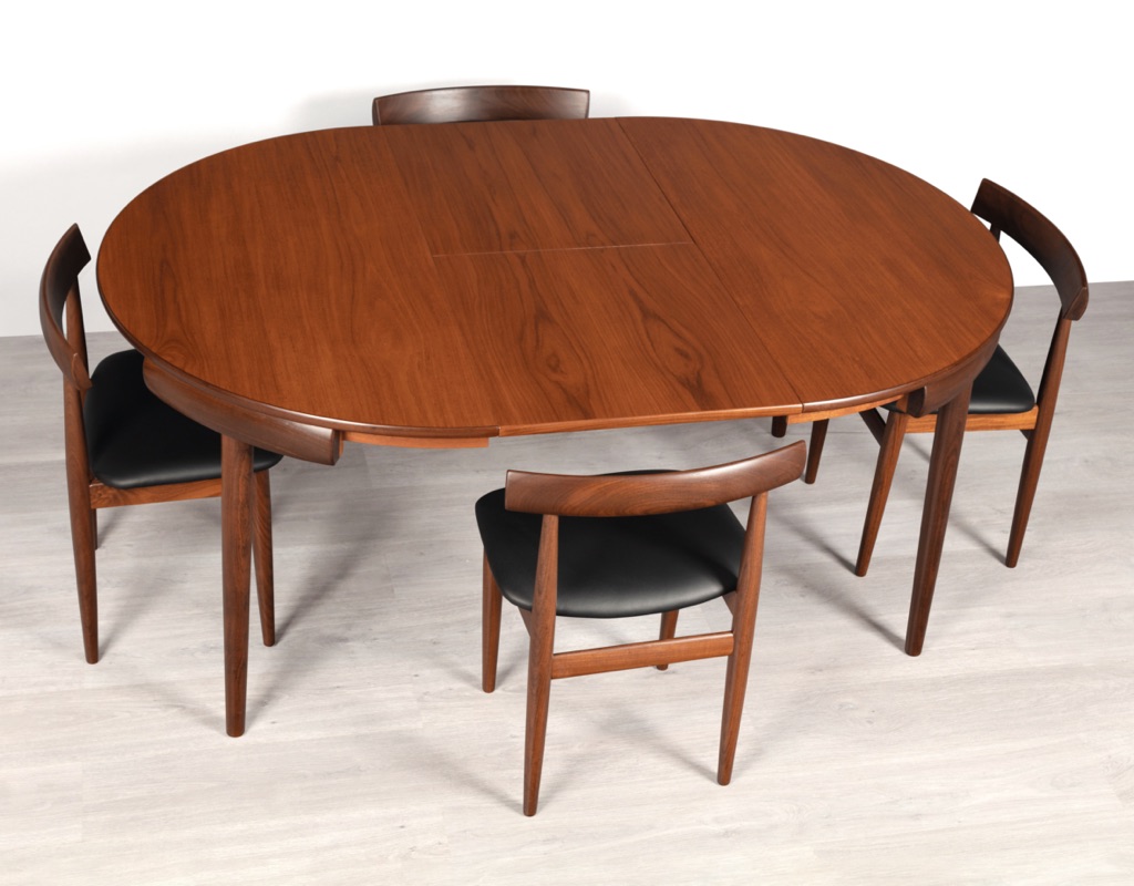 Mid century modern Hans Olsen Roundette Dining Setting Frem Rojle Denmark 1950 teak butterfly extension leaf original imported Scandinavian Danish design larger four chairs