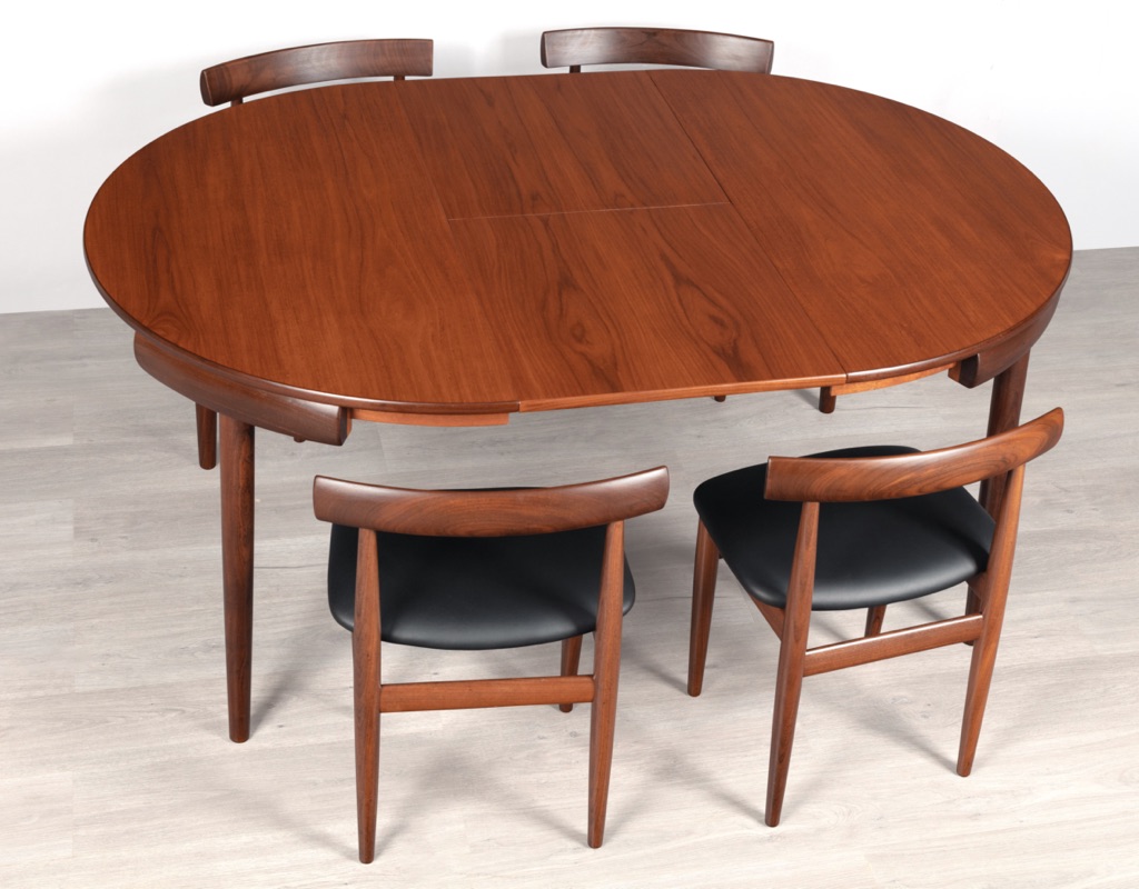 Mid century modern Hans Olsen Roundette Dining Setting Frem Rojle Denmark 1950 teak butterfly extension leaf original imported Scandinavian Danish design top view open