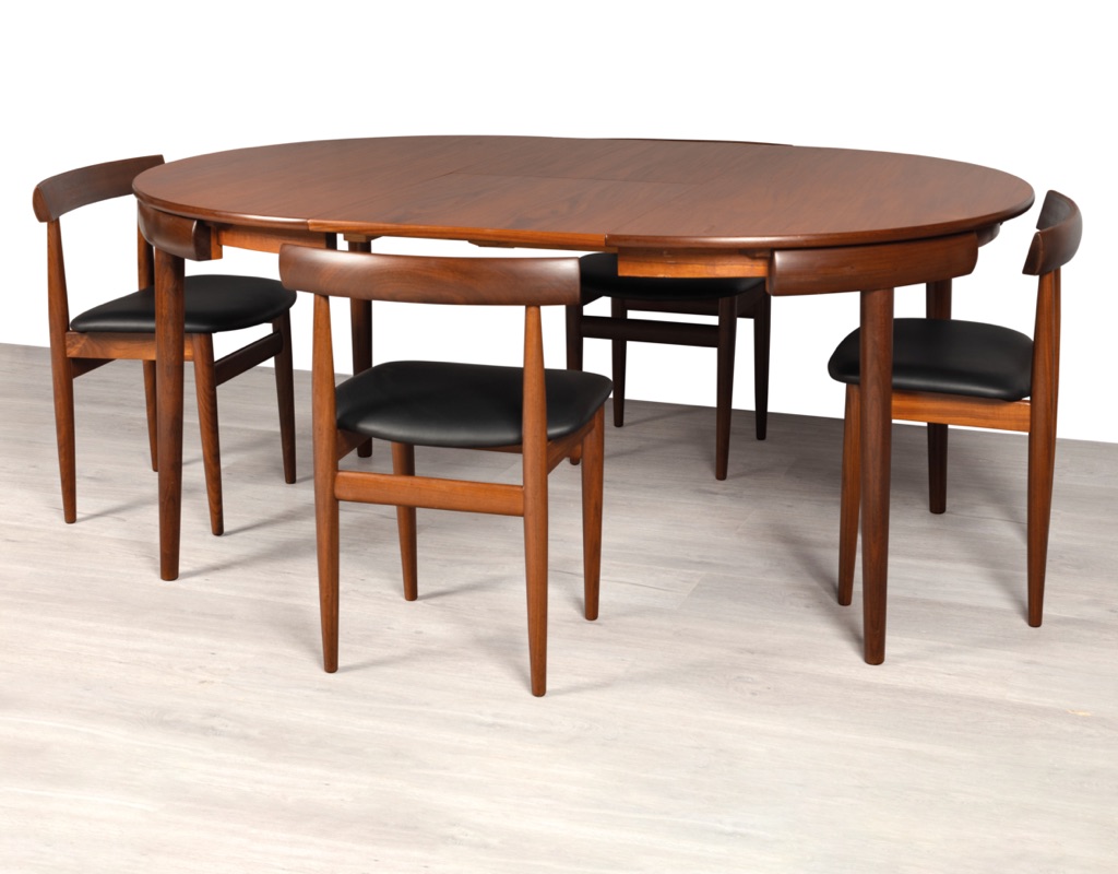 Mid century modern Hans Olsen Roundette Dining Setting Frem Rojle Denmark 1950 teak butterfly extension leaf original imported Scandinavian Danish design iconic collectable