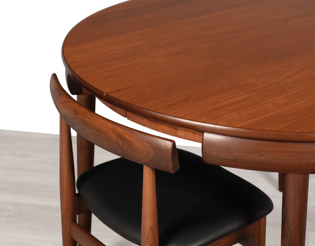 Mid century modern Hans Olsen Roundette Dining Setting Frem Rojle Denmark 1950 teak butterfly extension leaf original imported Scandinavian Danish design solid teak