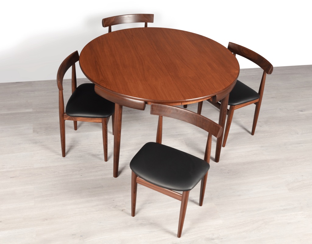 Mid century modern Hans Olsen Roundette Dining Setting Frem Rojle Denmark 1950 teak butterfly extension leaf original imported Scandinavian Danish design four chairs