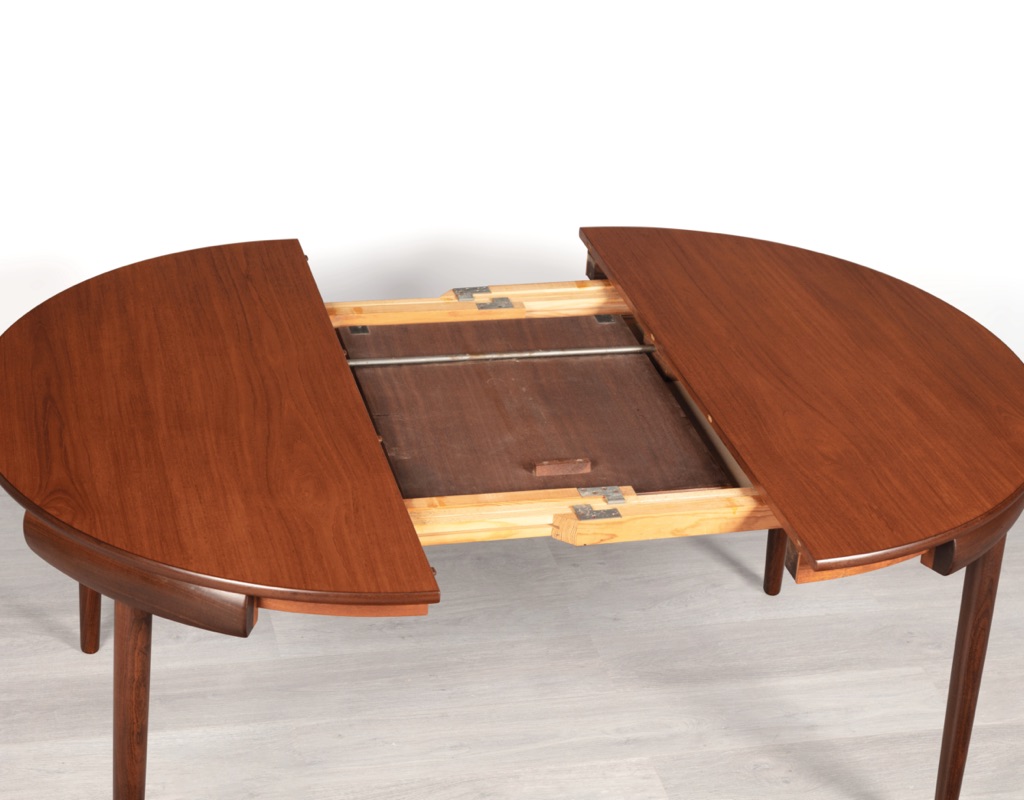 Mid century modern Hans Olsen Roundette Dining Setting Frem Rojle Denmark 1950 teak butterfly extension leaf original imported Scandinavian Danish design extending leaves