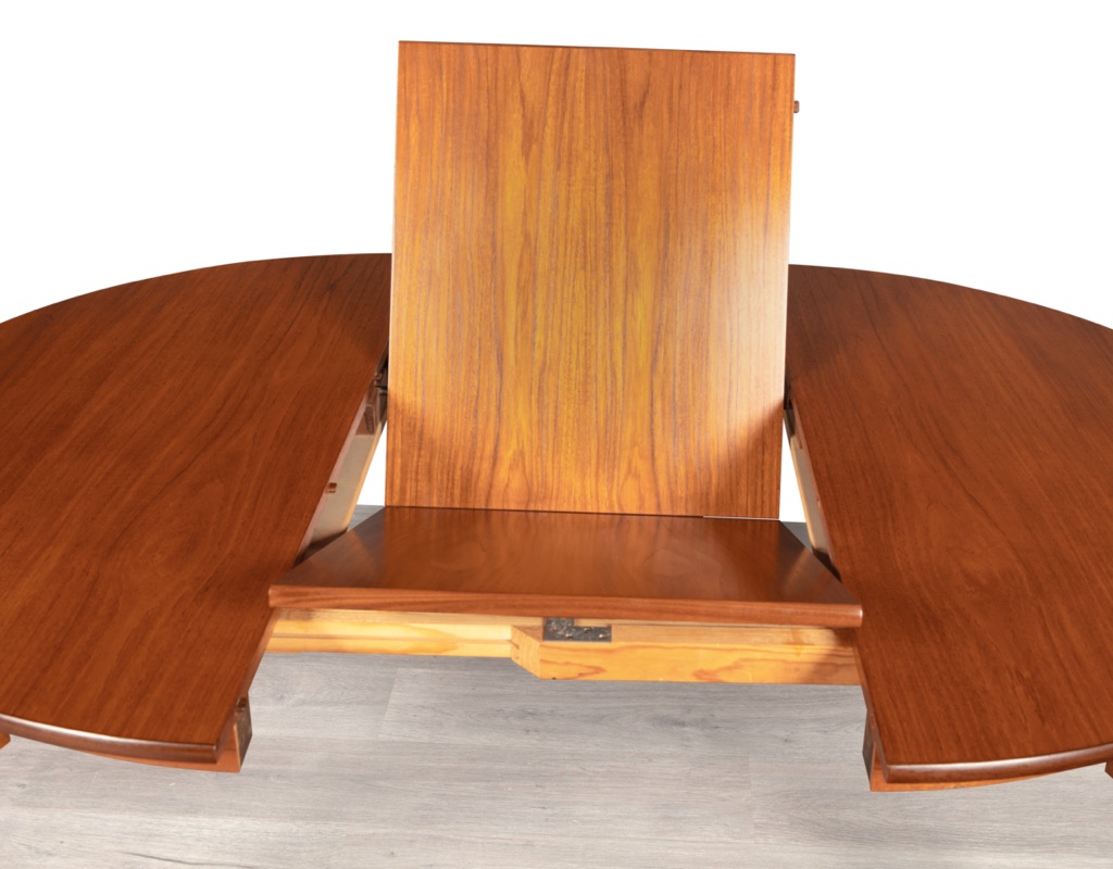 Mid century modern Hans Olsen Roundette Dining Setting Frem Rojle Denmark 1950 teak butterfly extension leaf original imported Scandinavian Danish design butterfly leaf extension open