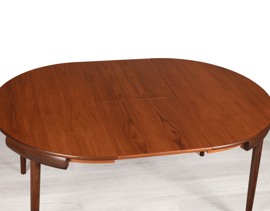 Mid century modern Hans Olsen Roundette Dining Setting Frem Rojle Denmark 1950 teak butterfly extension leaf original imported Scandinavian Danish design table fully extended