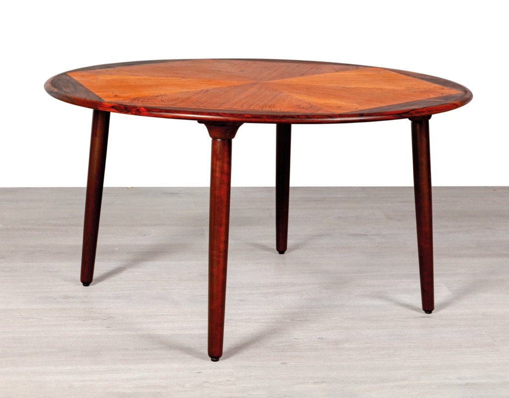 Mid century modern Henry W. Klein coffee table Brazilian rosewood Bramin Mobler round marquetry top Danish vintage 1960 Scandinavian original design side