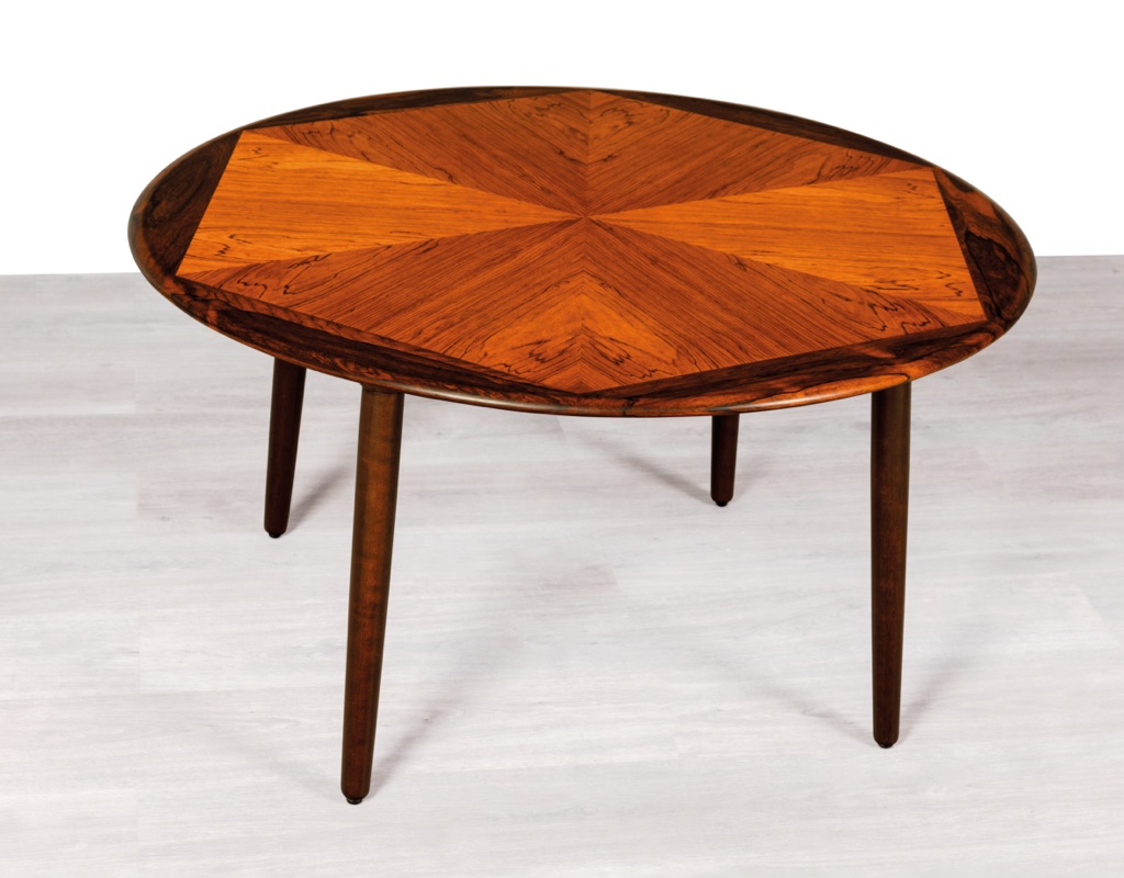 Mid century modern Henry W. Klein coffee table Brazilian rosewood Bramin Mobler round marquetry top Danish vintage 1960 Scandinavian original design top