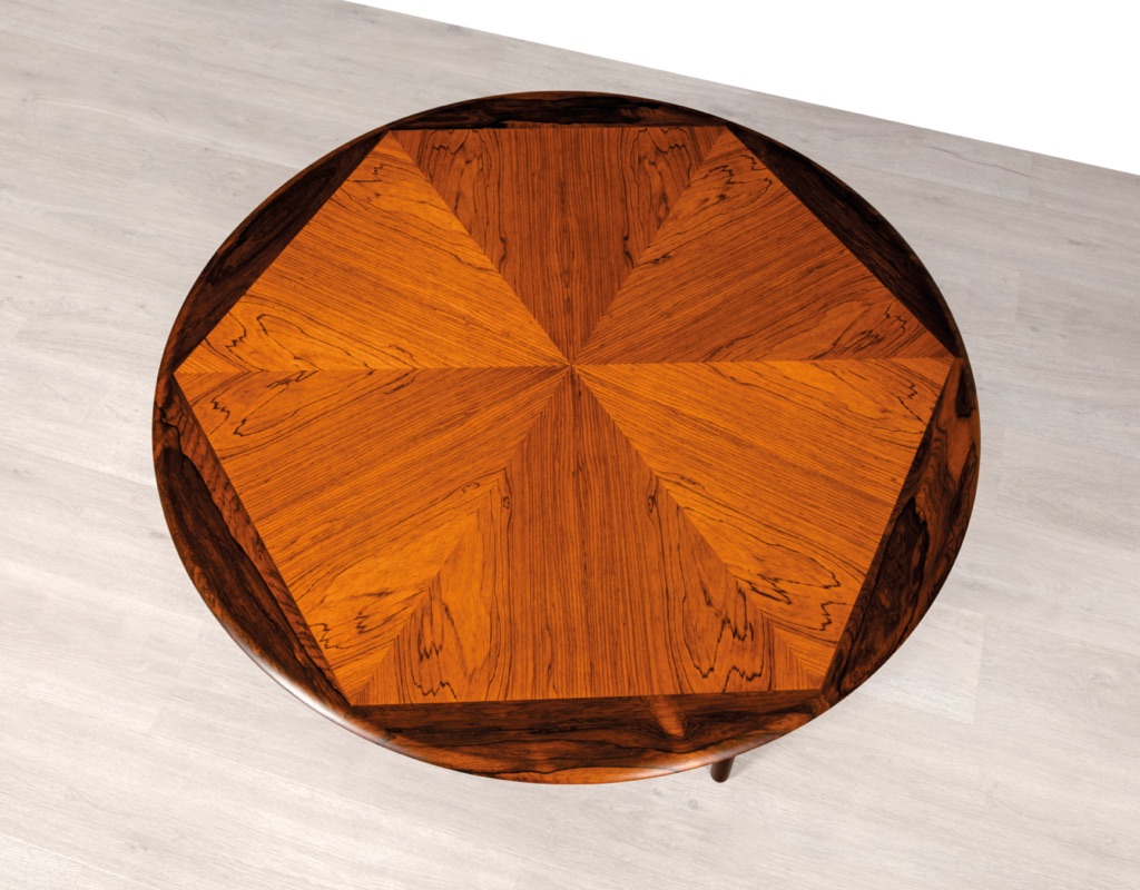 Mid century modern Henry W. Klein coffee table Brazilian rosewood Bramin Mobler round marquetry top Danish vintage 1960 Scandinavian original design top view