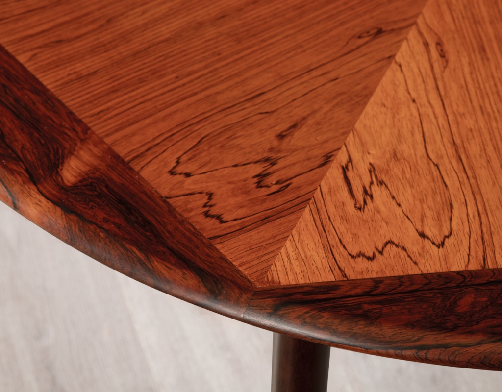 Mid century modern Henry W. Klein coffee table Brazilian rosewood Bramin Mobler round marquetry top Danish vintage 1960 Scandinavian original design close up