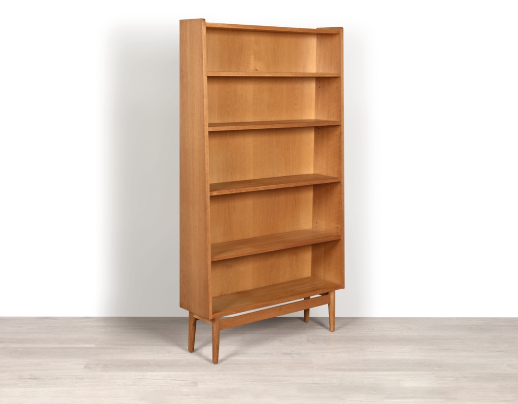 Mid century modern Johannes Sorth bookshelf Nexo Danish vintage 1960s European oak conical shape original imported Scandinavian storage shelving Melbourne side view