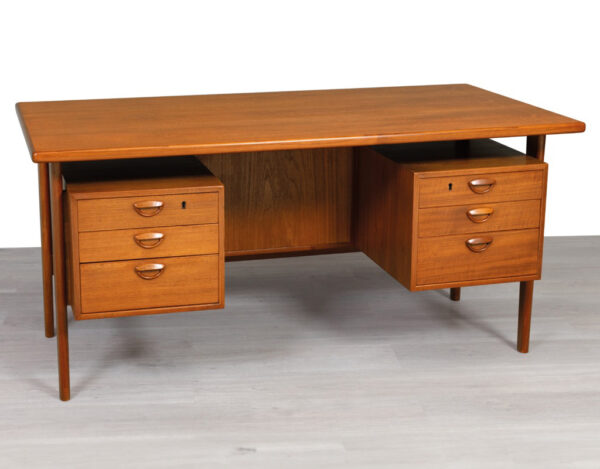 Mid century modern Danish executive desk by Kai Kristiansen Model FM60 for Feldballes Mobelfabrik vintage teak Scandinavian design front view floating top design