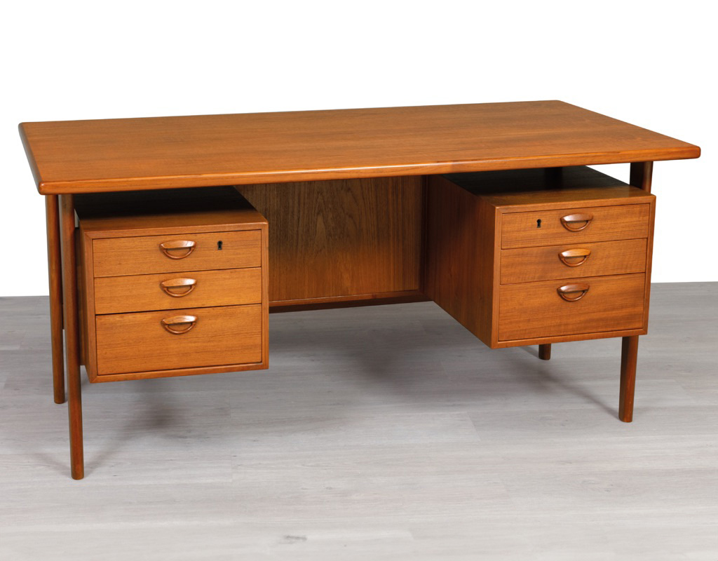 Mid century modern Danish executive desk by Kai Kristiansen Model FM60 for Feldballes Mobelfabrik vintage teak Scandinavian design front view floating top design